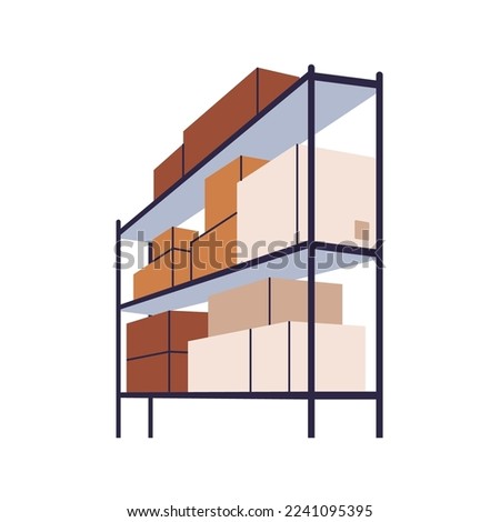 Boxes, cardboard packages on shelf in warehouse. Goods, parcels stacked for storage on metal rack in stockroom. Carton packs in storehouse. Flat vector illustration isolated on white background