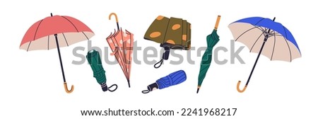 Open, closed and folded umbrellas set. Rain protection parasols for rainy weather. Protecting accessories with handles of different design, type. Flat vector illustrations isolated on white background