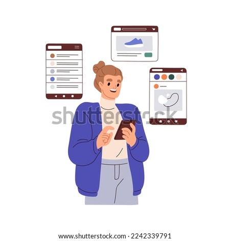Using different mobile apps concept. Person surfing internet, social media, network, shopping online. Woman uses smartphone applications. Flat vector illustration isolated on white background