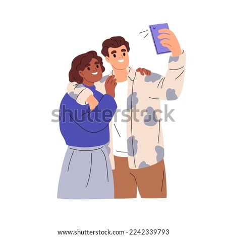 Happy love couple taking photo, selfie with mobile phone. Young man and woman, self portrait on smartphone. Biracial people shooting. Flat graphic vector illustration isolated on white background