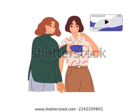 Women watching funny video together on mobile smart phone. Happy girl laughing, sharing, showing fun record on smartphone to female friend. Flat vector illustration isolated on white background