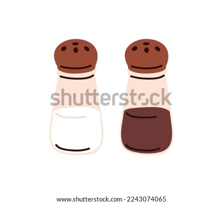 Salt and pepper shakers. Glass jars, saltcellar with kitchen seasonings, flavoring for sprinkling spicy powder. Ingredients, condiments for food. Flat vector illustration isolated on white background