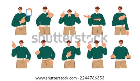 Business person pointing with index finger to sides. Businessman showing up, down with hand gestures. Happy man presenting with forefinger. Flat vector illustration isolated on white background