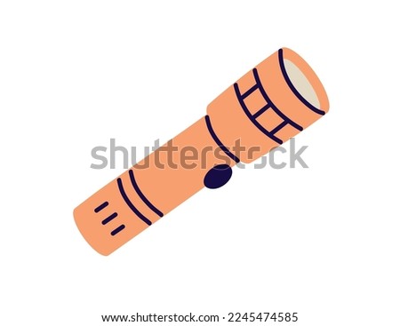 Electric flashlight. Flash torch light with led lamp turned off. Pocket torchlight. Travel tourist accessory. Touristic item. Night tool. Flat vector illustration isolated on white background