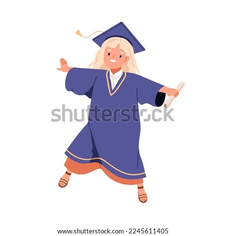 School girl graduating, celebrating. Child student jumping in graduation gown, bachelor hat. Cute happy kid character in master cap with diploma. Flat vector illustration isolated on white background