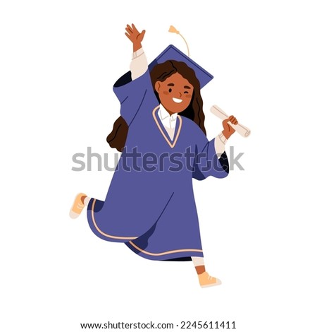 Black girl in graduation gown, cap. School kid graduating with diploma. Happy cute child in master hat. Success in elementary education concept. Flat vector illustration isolated on white background