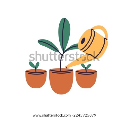 Watering can hydrating house interior plants in pots. Hydration of leaf houseplants growing in planters. Development, growth and botany concept. Flat vector illustration isolated on white background