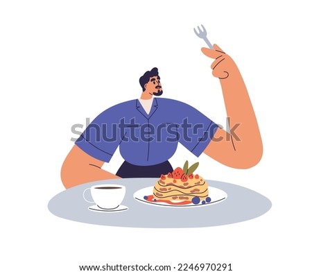 Person eating food, dish. Man having breakfast, meal. Gourmet character at lunch, sitting at table with tea cup, crepes, pancakes, sweet dessert. Flat vector illustration isolated on white background