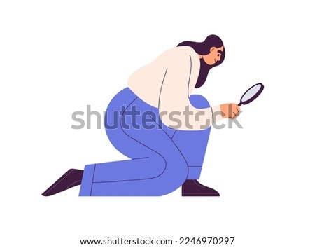 Person looking through magnifying glass, lens. Woman searching information, job, idea, opportunity. Analysis, finding answer, inspection concept. Flat vector illustration isolated on white background