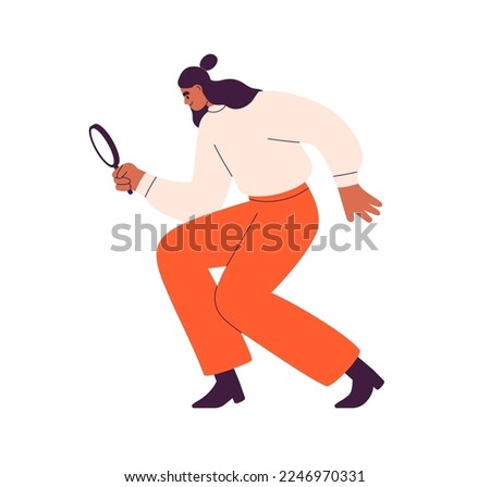 Searching and finding concept. Woman looking through magnifying glass, lens. Person seeking for information, inspecting, analyzing, exploring. Flat vector illustration isolated on white background