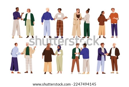 Business people shaking hands set. Agreement, trust, cooperation concept. Greeting gesture, handshake of businessmen, businesswomen. Flat graphic vector illustrations isolated on white background