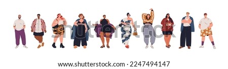 Body-positive plus-size people in fashion apparel set. Happy men, women with fat curvy bodies, wearing stylish clothes. Modern chubby characters. Flat vector illustrations isolated on white background