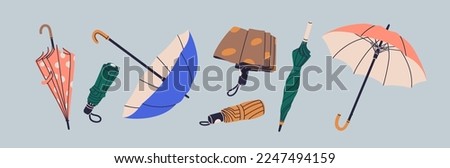 Umbrellas set, open and folded closed rain protection accessories. Automatic, manual, compact and long walking canopies. Different parasols types for rainy weather. Isolated flat vector illustrations