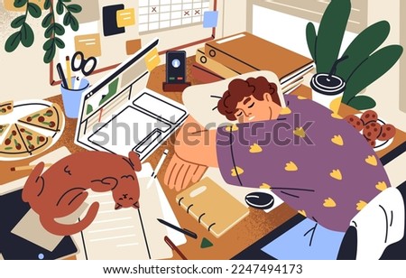 Tired overworked workaholic sleeping at desk in mess. Exhausted freelance worker overloaded with work, napping at workplace with laptop and food at home. Exhaustion concept. Flat vector illustration