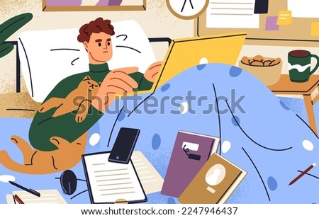 Busy remote worker lying in bed with laptop. Work overload concept. Man workaholic working 27 7 at home bedroom. Overworked business character, freelancer at computer. Flat vector illustration.