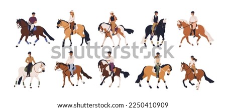 Equestrians riding horse backs set. Horseback riders in helmets on equine saddles. Men, women during horseriding, walking, trotting, galloping. Flat vector illustrations isolated on white background