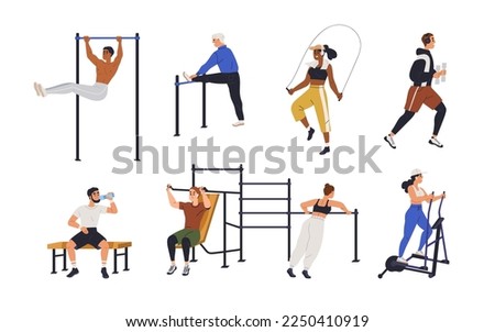 People exercising. Street workout, outdoor gymnastics set. Characters doing sport, gym, stretching training with fitness equipment. Flat graphic vector illustrations isolated on white background