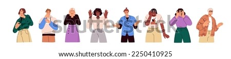 Shocked people set. Startled astonished characters with frightened scared face expressions. Panic, amazement, astonishment reaction, emotion. Flat vector illustrations isolated on white background Сток-фото © 