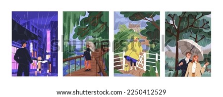 Rainy weather, season cards set. Characters under umbrellas, in raincoat, walking outdoor in heavy rain, wind in summer, spring. Shower, downpour, monsoon postcards. Flat vector illustrations