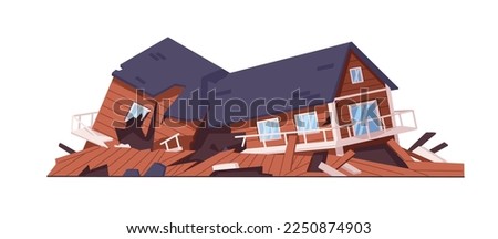 Destroyed broken house. Damaged ruined wood building, earthquake disaster consequence. Smashed cracked residential construction facade, exterior. Flat vector illustration isolated on white background