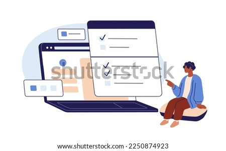 Online survey, user feedback concept. Customer answering questions in internet questionnaire, marking checkboxes, choosing options on web site. Flat vector illustration isolated on white background