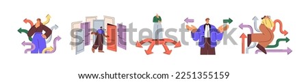 Choosing from multiple directions, solutions. Characters making choices, decisions, life path. Different options, opportunities concept. Flat graphic vector illustration isolated on white background