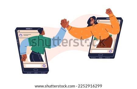 High-five greeting in internet. Online communication concept. Characters gesturing hi during video call by mobile phone. Virtual conversation. Flat vector illustration isolated on white background