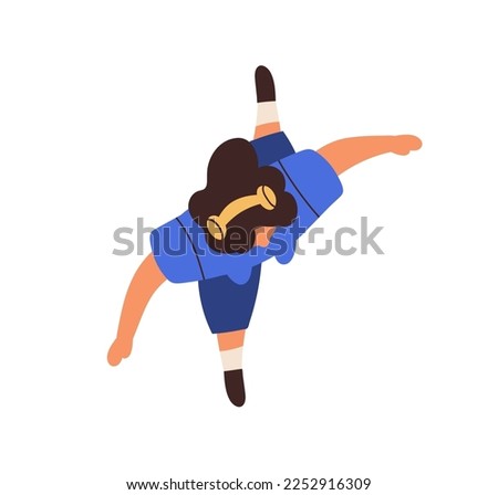 Young person walking in headphones, top down view. Overhead woman going, listening to music outdoors, on street. Girl in head phones from above. Flat vector illustration isolated on white background