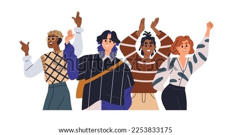 Happy young people together, group portrait. Diverse joyful excited characters smiling, gesturing with joy. Joyous cheerful positive men, women. Flat vector illustration isolated on white background