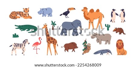 Wild African animals set. Exotic tropical mammals species. South wildlife fauna, giraffe, tiger, elephant, camel, zebra, flamingo. Childish kids flat vector illustrations isolated on white background