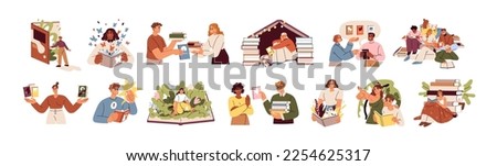 Book concepts set. Happy readers reading fiction, fantasy, fairytale, education and business literature for knowledge, wisdom, imagination. Flat vector illustrations isolated on white background