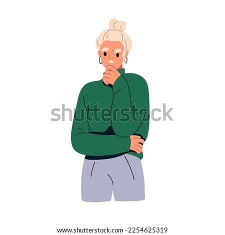 Woman thinking, doubting with sceptical pensive face expression. Thoughtful annoyed person wondering, questioning with dislike, disgust emotion. Flat vector illustration isolated on white background