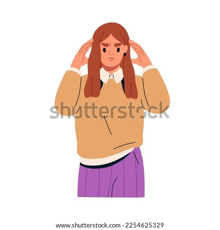 Worried puzzled pensive woman thinking, contemplating. Thoughtful troubled anxious person in difficulty, doubt tensed perplexed expression. Flat vector illustration isolated on white background