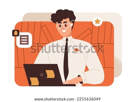 Happy business man at laptop. Smiling office worker, employee enjoying work. Excited enthusiastic successful manager, businessman working online at PC, surfing at PC. Flat vector illustration