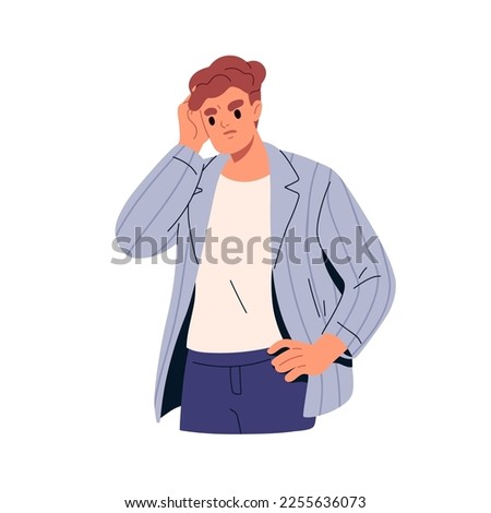 Pensive thoughtful man doubting, worrying, thinking. Puzzled troubled confused person scratching head. Perplexed anxious guy in difficulty. Flat vector illustration isolated on white background