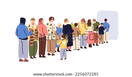 Long queue of people. Customers line, standing and waiting. Crowd queuing, many men, women buyers at entrance, back view. High demand concept. Flat vector illustration isolated on white background