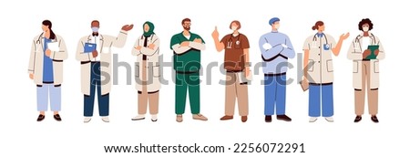 Doctors, medics set. Physicians, therapists, paramedics, hospital workers. Medical staff, general practitioners, surgeons in uniform. Flat graphic vector illustrations isolated on white background