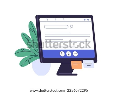 Computer, online web browser page on PC monitor for surfing, searching information. Screen sharing during video call, remote desktop concept. Flat vector illustration isolated on white background