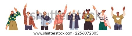 People looking up, pointing with fingers upwards set. Happy excited men, women watching in sky, showing with hands, positive emotions. Flat graphic vector illustrations isolated on white background