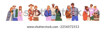Friends hugging, portraits set. Happy young people embracing supporting each other together. Friendship, unity, good relationship concept. Flat graphic vector illustration isolated on white background