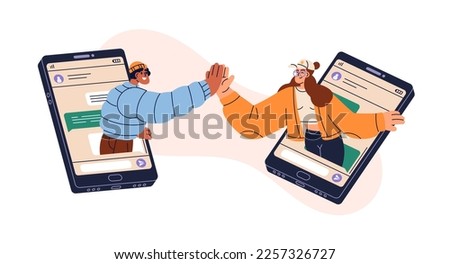 Internet virtual friendship, online communication in messenger concept. Young remote friends giving high five, greeting hi gesture. Flat graphic vector illustration isolated on white background