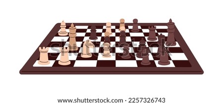 Chess pieces on chessboard, board game, side view. Strategy concept. Battle, tournament, competition of black and white rivals, armies on checkerboard. Flat vector illustration isolated on background