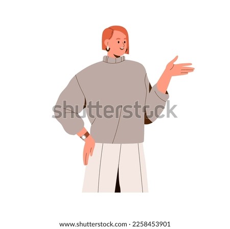 Happy woman speaking, explaining, gesturing with hand. Smiling business girl talking, telling, informing and reporting information. Flat graphic vector illustration isolated on white background.