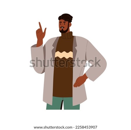 Man speaking with finger up, pointing gesture. Male character giving advice, telling ideas, noting, informing, advising and instructing. Flat graphic vector illustration isolated on white background.