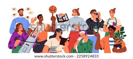People, different hobbies. Talented characters interested in art, craft, sport, music, creative leisure, entertainment, group portrait. Flat graphic vector illustrations isolated on white background