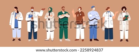 Doctors, medical staff set. General practitioners, medics, physicians, therapists and paramedics standing portraits. Clinic, hospital workers in uniform. Isolated flat graphic vector illustrations