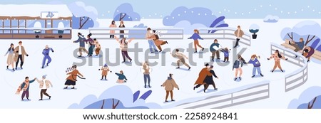 Ice rink with people skating. Outdoor public park for winter activity, entertainment, fun, leisure. Skaters crowd on vacation, holiday, landscape panorama with snow. Flat vector illustration