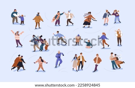 Characters skating on ice rink set. Active people skaters during winter holiday fun, leisure, sport activity. Happy diverse families, kids, love couples, friends sliding. Flat vector illustrations