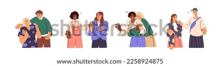 Awkward unwanted hugs, inappropriate unwelcome touch, unrequited love concept. Embarrassed people with negative emotion on unpleasant flirt. Flat vector illustrations isolated on white background