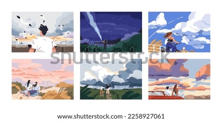 People travel in nature, looking at sky horizons, clouds, stars set. Outdoor summer adventures, peaceful landscapes at sunset, sunrise, night. Harmony, freedom concept. Flat vector illustrations